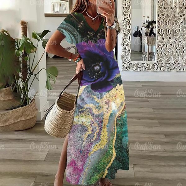 Lässige Kleider 3D-Blumendruck Damenkleid Vintage-Muster A-Linie Rock Mode V-Ausschnitt Split Langer Sommer Elegant für Frauen
