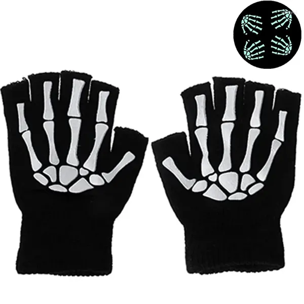 Велосипедные перчатки унисекс для взрослых, скелет, череп, половина пальца, светятся в темноте, эластичные вязаные зимние варежки без пальцев, нескользящие перчатки