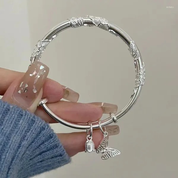 Bracciale rigido con fiore simile a broccato, stame, farfalla, campana, braccialetto, solido, push pull, in seta goffrata giovanile