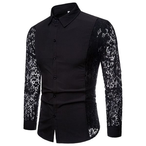 Camicia da uomo con maniche in pizzo di moda Camicia da festa Autunno New Slim Fit Camicie da smoking Camicia a maniche lunghe Uomo Nero Bianco XXL342P