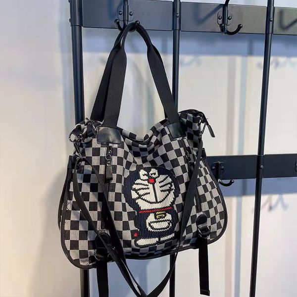 Umhängetasche Damen Plaid Denim mit Leder Handtasche Tote Bag Mode Stickerei Dingdang Cat Umhängetasche Casual Bag