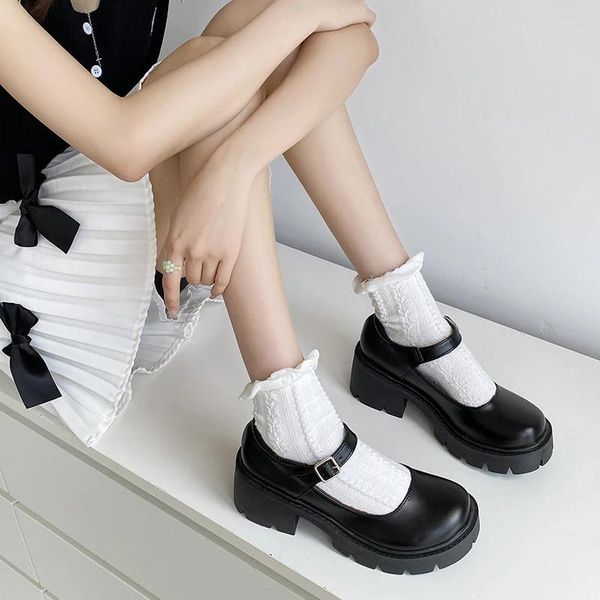 Sapatos de vestido lolita menina plataforma preto salto alto moda dedo do pé redondo jane mulheres patente couro falso estudante cosplay fivela bombas