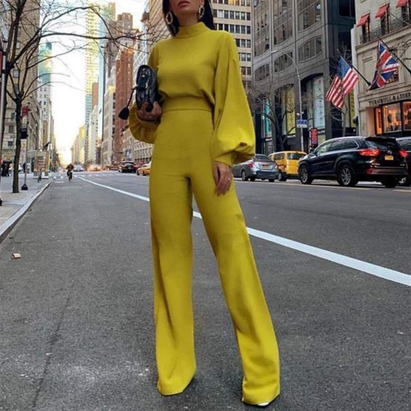 Neue Frauen Herbst Elegante Mode Slim Fit Solide Dünne Beiläufige Overalls Büro Look Arbeit Laterne Hülse Mock Neck Jumpsuits243S