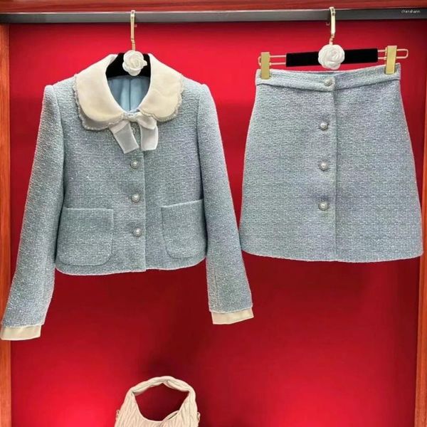 Vestidos de trabalho 2023 outono/inverno moda lantejoulas conjunto feminino estilo luxo boneca pescoço tweed casaco mais mini saia terno coreano
