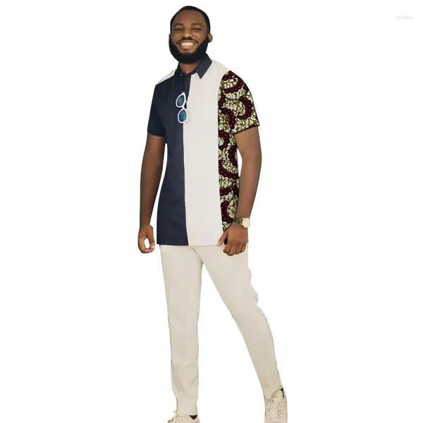 Camicie casual da uomo Top a maniche corte con pantaloni Polo patchwork a righe nere Set da sposo alla moda nigeriano Abbigliamento da festa personalizzato