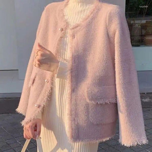Kadın Sweaters Korejepo Pembe Kazak Ceket 2023 Sonbahar Kış Ünlü İmitasyon Mink Polar Moda Kıyafetleri Çok yönlü örgü hırka