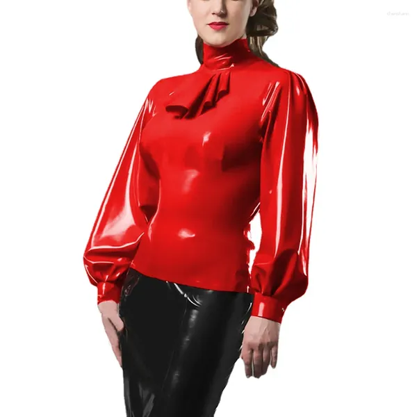 Damen-T-Shirts, modisch, weiblich, elegant, Rüschen, Blusen, glänzendes PVC-Leder, Stehkragen, Freizeithemd, Büro, Damen, Langarm, Wetlook-Oberteile