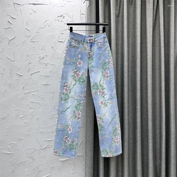 Jeans da donna Personalità della moda Stampa fiori Jean Pantaloni larghi a gamba larga Pantaloni estivi in denim sottile stile coreano azzurro