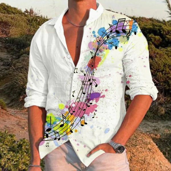 Camicie casual da uomo 2023 Camicia in cotone e lino Colletto rovesciato Nota musicale Stampata Top a maniche lunghe allentato Autunno Moda bella