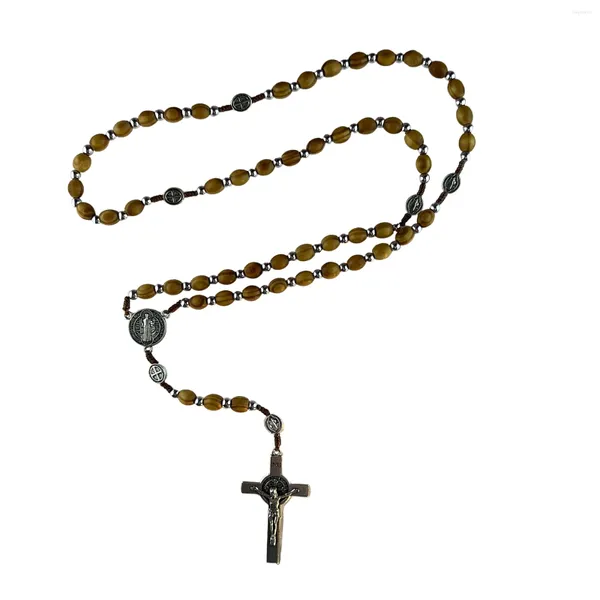 Kolye Kolyeleri Erkekler İçin Tesbihler Babamız Kutsal El Yapımı Ahşap Boncuk Tespih ile St Benedict Crucifix Cross