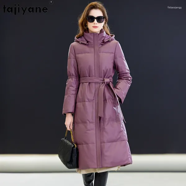 Couro feminino tajiyane real para baixo jaqueta feminina inverno 2023 elegante quente longo casaco genuíno pele de carneiro jaquetas capuz destacável parkas