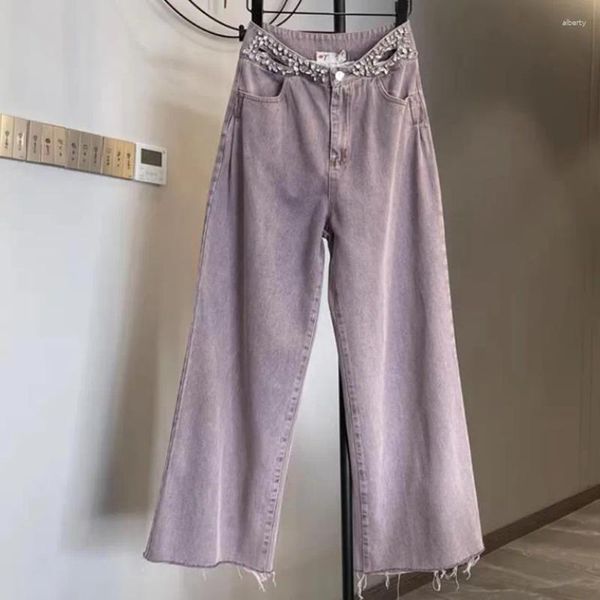 Damenjeans, Perlen, Strass, Diamant, 2023, Frühling, hohe Taille, gerade, weites Bein, locker