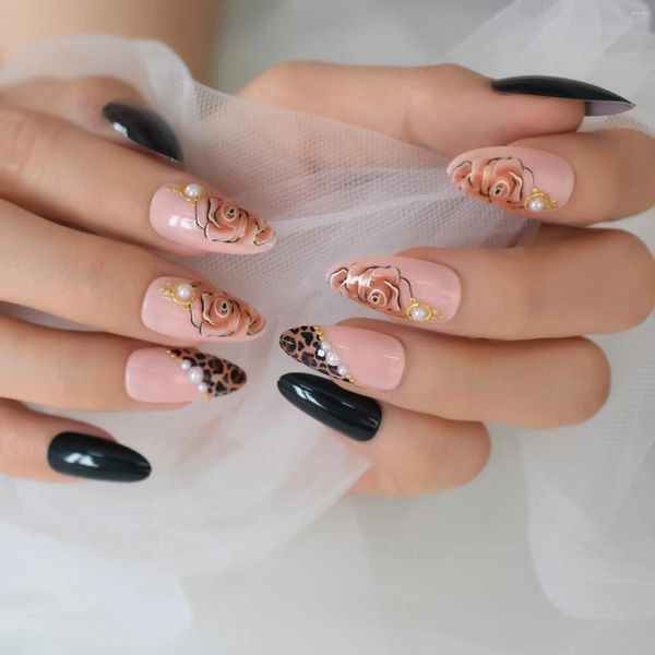 Unhas falsas rosa flor padrão unhas dicas com pérola leopardo projetos originais encantos forma de amêndoa imprensa em falso figernail 24 pçs