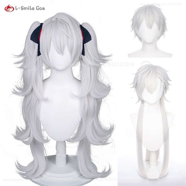 Costumi Catsuit Vtuber Cosplay unisex Sier Grigio Doppia coda di cavallo Femminile Kuzuha Parrucche resistenti al calore per capelli + Protezione per parrucca