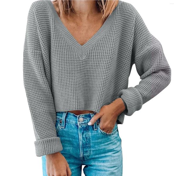 Camisolas femininas Mulheres V Neck Sweater Top Knit Cropped Camisa Manga Longa Pulôver Curto Colheita Quente Sexy