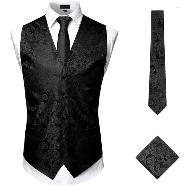 Herrenwesten Schwarz Herren 3-teiliges Jacquard-Paisley-Weste-Set Krawatte Einstecktuch Weste Klassische formelle Chaleco Hombre Gilet Homme