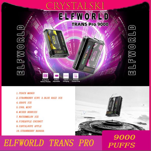 Оригинальная электронная сигарета ELF WORLD TRANS PRO 9000 Puffs, одноразовая ручка для вейпа ELFWORLD, экран 15 мл, с перезаряжаемой батареей емкостью 750 мАч, доступно 10 вкусов