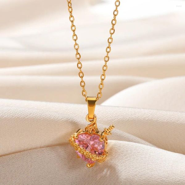 Ожерелья с подвесками, розовое сердце, циркониевое ожерелье, золотого цвета, медь, Купидон, стрела Эрос, корейские модные украшения, подарок на вечеринку для девочек