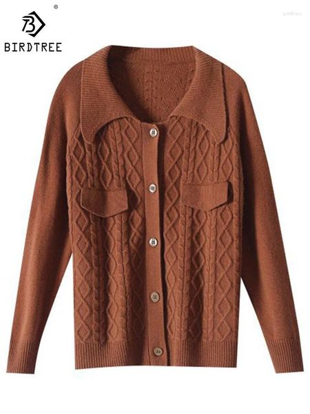 Maglione da donna in lana di pecora Birdtree Cardigan in lana tinta unita con risvolti spessi stile vintage pigro sciolto casual pendolari maglia autunno T30916QD