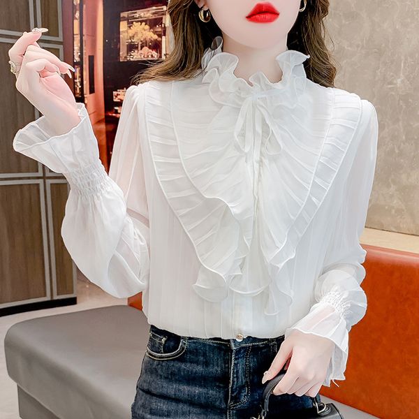 Casual manga longa camisa branca design árvore comestível fungo gola chiffon blusa feminina manga larga babados topos mulher