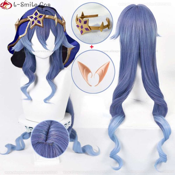 Trajes de catsuit jogo impacto cosplay layla genshin longo encaracolado azul gradiente resistente ao calor perucas de cabelo + peruca boné