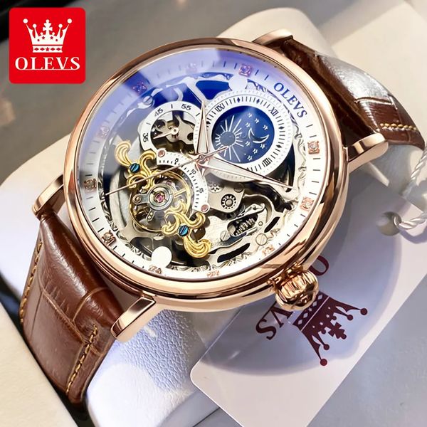 Orologi da polso OLEVS Orologio meccanico con fasi lunari da uomo con display doppio fuso orario Orologi da uomo scheletrati automatici impermeabili Top Brand di lusso 231027