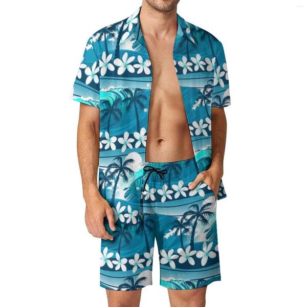 Herren-Trainingsanzüge, Palmen-Männer-Sets, tropische Surf-Welle, lässige Shorts, Strand-Shirt-Set, Sommer-Neuheit, bedruckter Anzug, kurzärmelig, große Größe