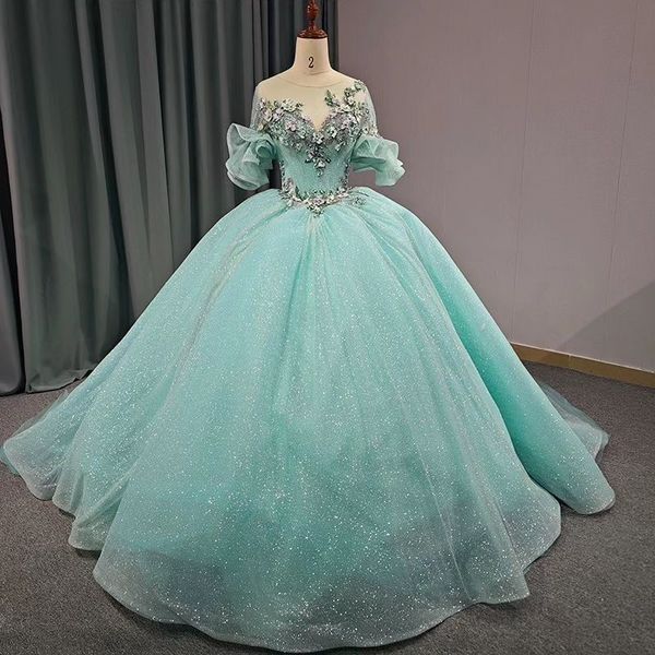 Luz verde brilhante o-pescoço 3d flores contas quinceanera vestido de baile vestido inchado 16th aniversário estreia vestido de charra 15 anos