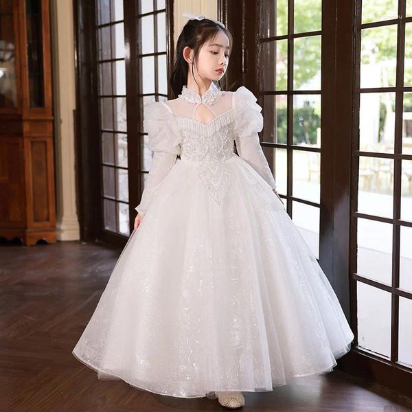 Mädchen Kleider Fancy Blume Langes Weißes Kleid Kinder Zeigen Leistung Kinder Pailletten Luxus Kleider Mädchen Elegante Prom Vestidos