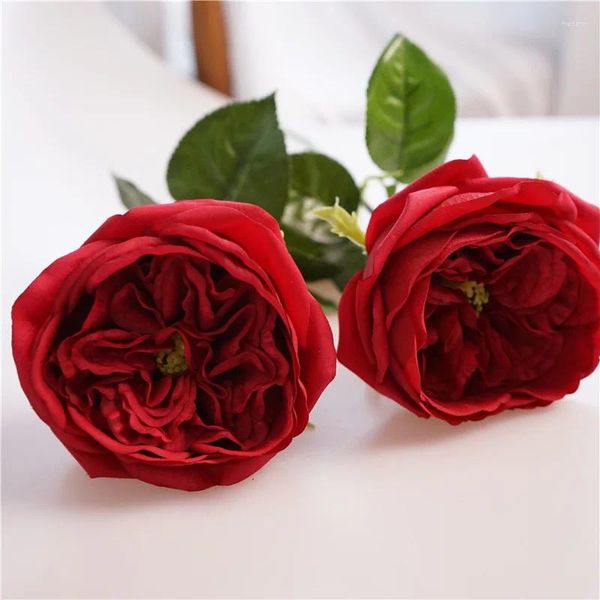 Flores decorativas artificiais toque real vermelho rosa ramo pano flor falso planta verde casamento florista festa decoração simulação rosas