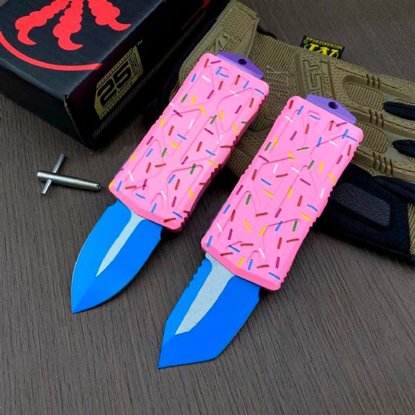 Neues Micro Tech Exclusive Dessert Warrior Donut Pink AUTO Messer D2 Klinge Luftfahrtaluminiumgriff Camping Outdoor Taktischer Kampf Selbstverteidigung EDC Taschenmesser