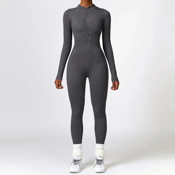 Leggings da donna MODITIN 2023 Arrivo invernale Manica lunga Cerniera Tuta fitness per palestra Chic Design a strisce One Piece Abbigliamento sportivo da allenamento