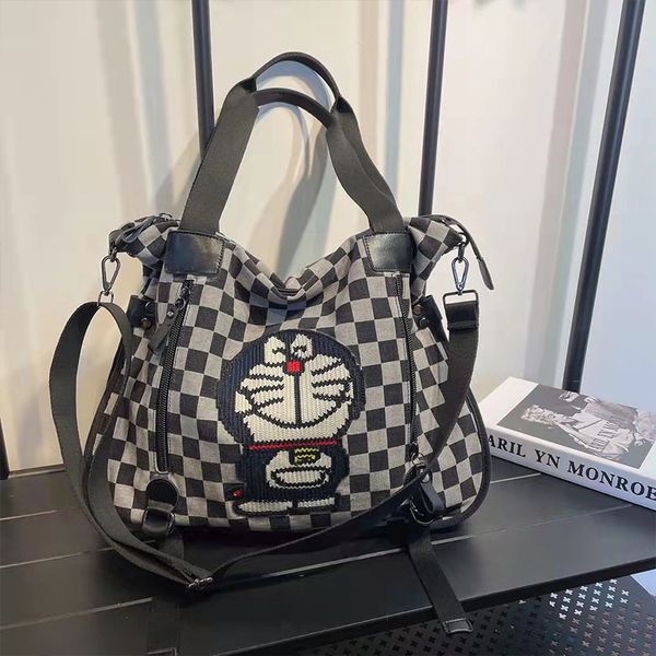 Yeni omuz çantası kadın ekose denim ile deri çanta tote çanta moda nakış dingdang kedi crossbody çanta gündelik büyük çanta