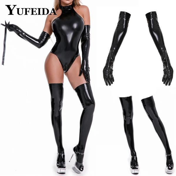 Sexy Set YUFEIDA Sexy Leder Dessous Bodys Damen Latex Leder Dessous Erotik Teddy mit Handschuhen und Socken Herrin Sex Kostüm 231027