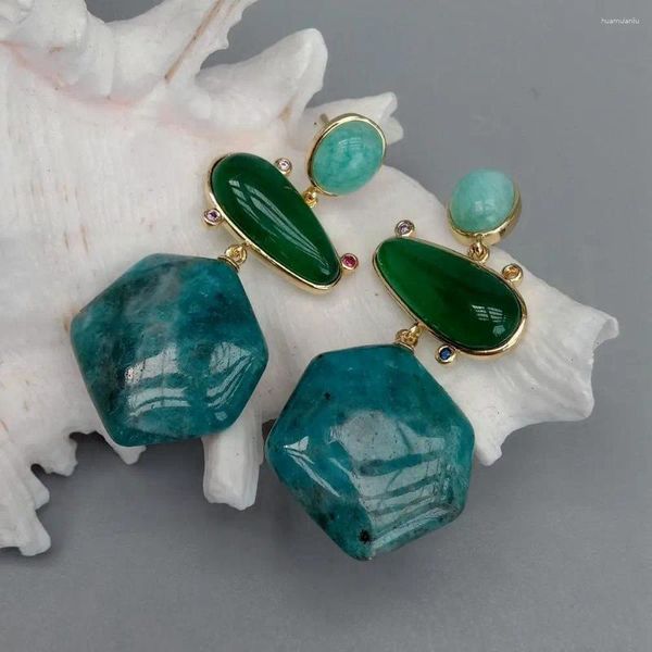 Orecchini Pendenti KKGEM Apatite Blu Amazzonite Verde 28x30mm Forma Esagonale Agata Gemma