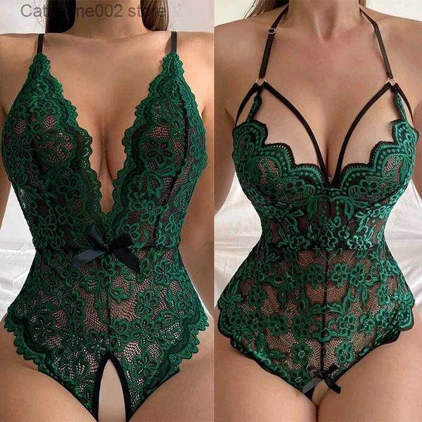 Sexy Set Sexy Dessous One Piece Bodysuit Frauen Push Up BH Set Spitze Damenunterwäsche Kreuzgurte Nachthemd Transparente Nachtwäsche Sets T231027