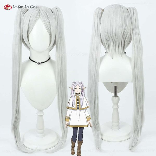 Catsuit trajes anime no funeral frieren cosplay feminino longo cinza branco rabo de cavalo perucas resistente ao calor cabelo sintético + peruca boné