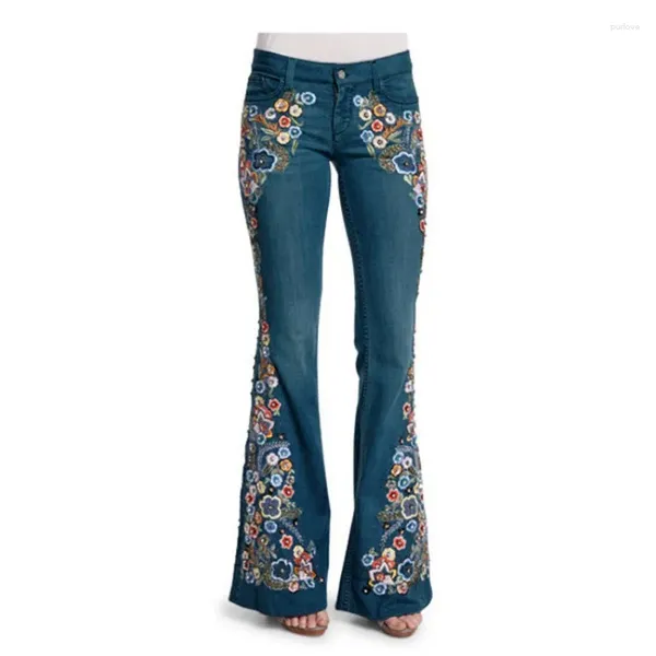 Jeans da donna Tendenza moda Pantaloni svasati ricamati Streetwear Y2K Pantaloni denim dritti Pantaloni casual retrò blu Autunno
