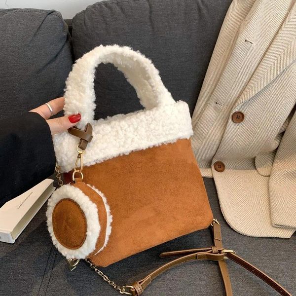 Sacos de noite mulheres vintage falso camurça bolsa designer luxo balde de pelúcia feminino inverno corrente crossbody com bolsa de moeda 2023 na moda