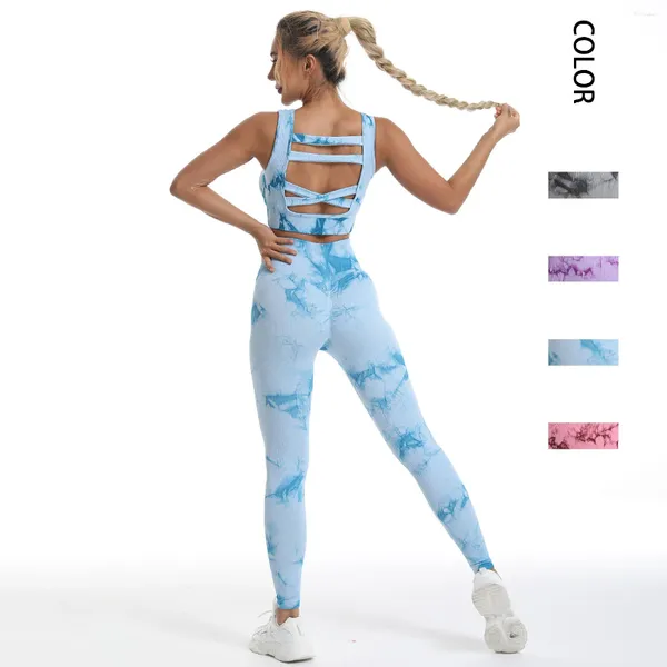 Leggings para mujer Tie Dye Conjunto de yoga sin costuras Fitness Sujetador deportivo Ropa interior Apretado Levantamiento de cadera Pantalones de cintura alta largos