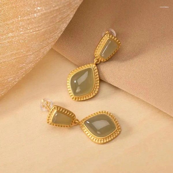 Orecchini pendenti S925 placcato argento naturale giada grigia personalità fata Mori stile anti-allergia gioielli vintage da donna doratura artigianale