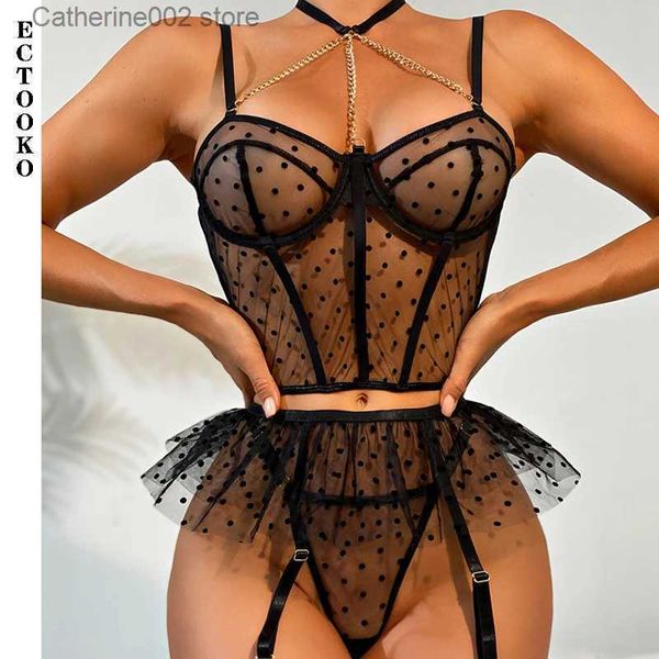 Sexy Set ECTOOKO 3-teiliger schwarzer BH durchsichtiges Mesh-Dessous für Frauen mit Kette verziertes Feen-Erotik-Set Sexy Höschen-Unterwäsche-Set T231027