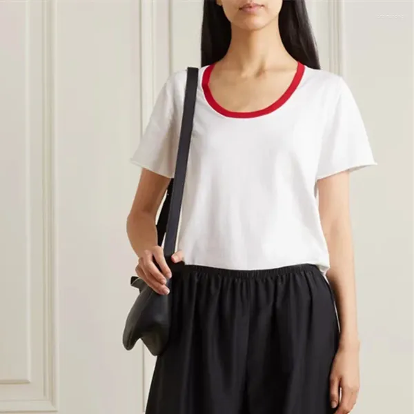 Damen-T-Shirts, 2023, Sommer, trendiges, schlankes gestricktes Kurzarm-T-Shirt, grundlegender Stil, Kontrastfarbe, Kragen, lässiges U-Ausschnitt-Top