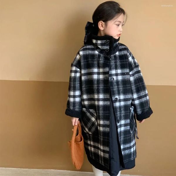 Jacken Mädchen Plaid Doppelseitiger Wollmantel 2023 Winter Kinderkleidung Kinder Warme Lange Babykleidung