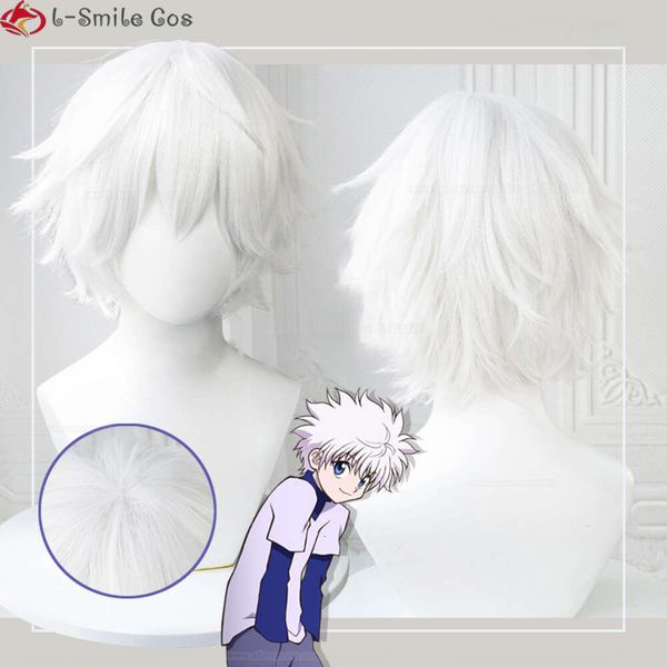 Catsuit Kostüme Anime X Hunter Killua Zoldyck Cosplay 30 cm Kurze Männer Shaggy Layered Weiß Hitzebeständige Haar Perücken + Perückenkappe