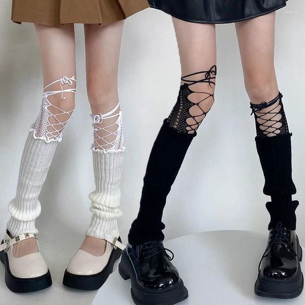 Женские носки Jk с завязками, кружевные чулки в сеточку, нерегулярные женские носки с разрезом до икры, средние бретельки, вязаные сексуальные длинные японские носки