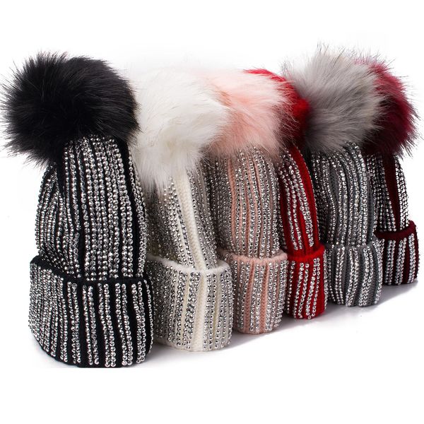 Berretti Lawliet Cappelli invernali Pelliccia sintetica Pom Strass Bling Style Donna Berretti Berretto con teschio lavorato a maglia caldo di alta qualità A469 231027