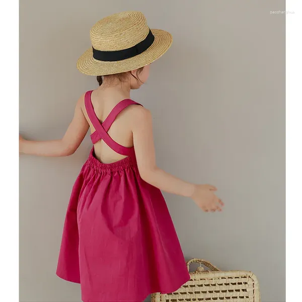 Vestidos de verão para meninas, vestidos linha a para bebês, roupas infantis, algodão coreano, costas abertas, cruz, vestidos para crianças pequenas, 2 a 10 anos