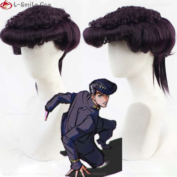 Trajes de Catsuit Anime JOJO Bizarre Adventure Higashikata Josuke Cosplay Curto Roxo Escuro Resistente ao Calor Perucas de Festa de Cabelo Sintético + Boné de Peruca