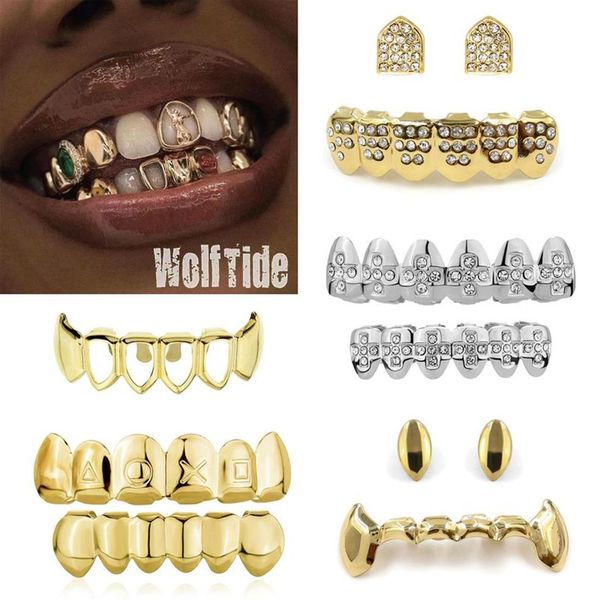Brilhante cruz dentes de vampiro fang grillz 18k ouro real punk hip hop oco diamante grills chaves dente boné rapper jóias do corpo para co234p